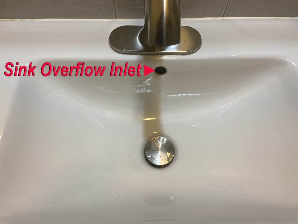 A sink overflow drain inlet for a bathroom sink