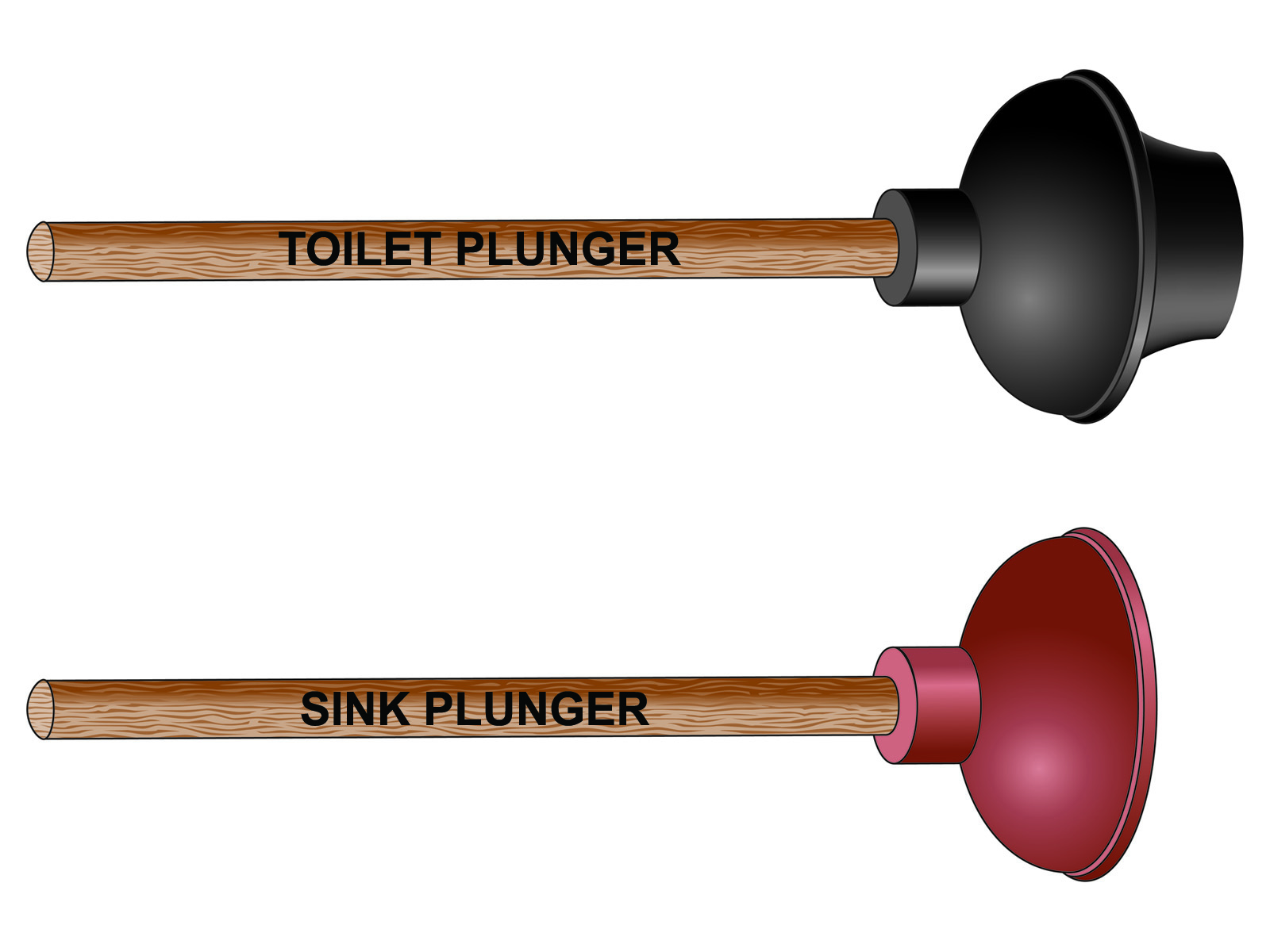 A toilet plunger and a sink plunger.
